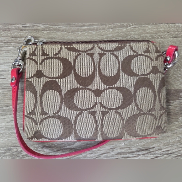 Coach Brown Signature Canvas Wristlet with Red Trim - Picture 2 of 6